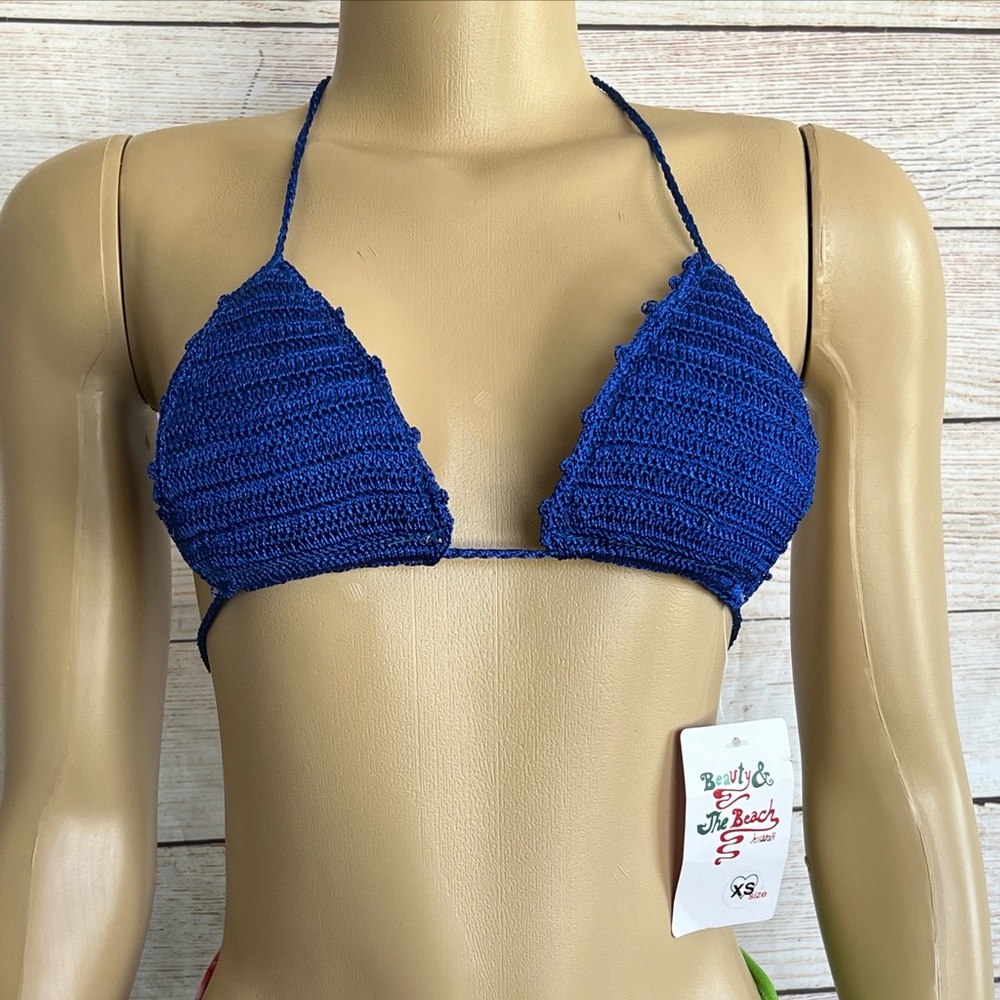 BEAUTY & THE BEACH WOMEN BLUE HALTER CROCHET BIKINI TOP NWT SIZE XS